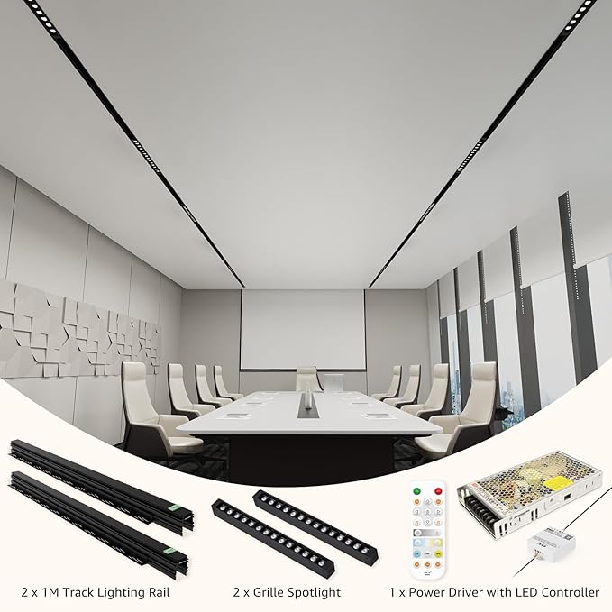 Track Lighting Rail Kit, 2PCS Magnetic Track Lighting Rail, 2PCS 15W Grille Spotlight Magnetic Track Head, 1PCS 200W Low Voltage LED Power Driver, Complete Track Lighting kit for Living Room, Kitchen