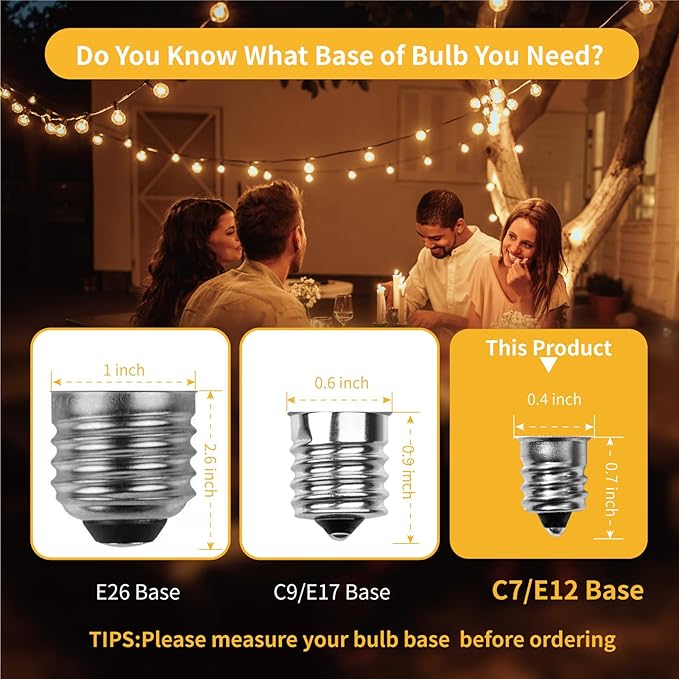 E12/C7 Base LED Replacement Bulbs for ST38 Outdoor String Lights - Not Solar, Vinatge 1W LED Shatterproof Bulb, Warm White 2200K, 50 Pack