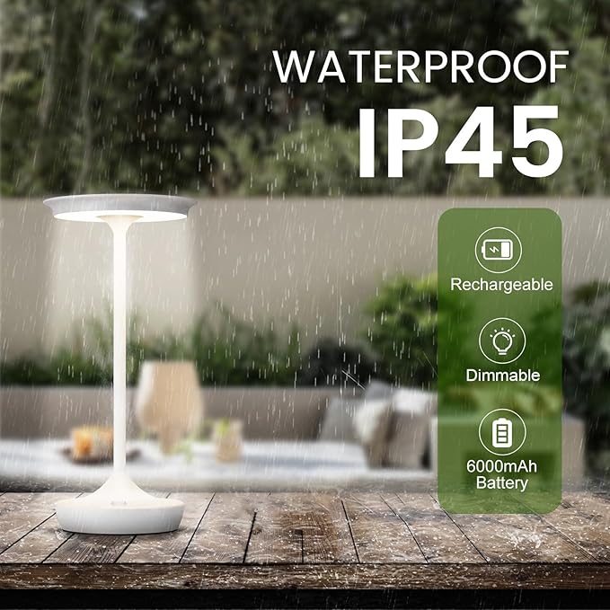 LED Cordless Table Lamp Rechargeable-Portable Battery Operated Lamps, 3 Color Touch Dimming Waterproof Light for Patio/Restaurant/Dining/Outdoor(White)