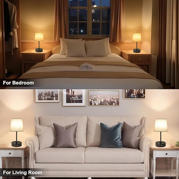 Ascher Small Bedside Table lamp Set of 2, RGB Color Changing Lamps, 3 Color Temperatures, Dimmable Nightstand Lamp with USB C+A Ports, Touch Desk Lamp for Bedroom Living Room, H11.4in(Flaxen Shade)