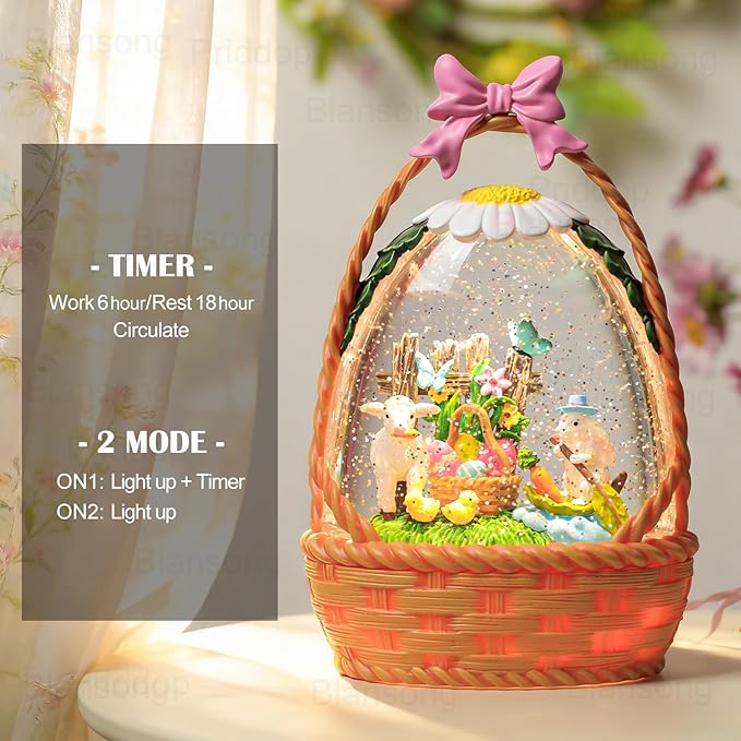 Easter Bunny Snow Globe Basket Egg Easter Decorations for Home Rabbit Sheep Chick Flower Butterfly Tabletop Glitter Snowfall USB/Battery Timer 9.5 inch