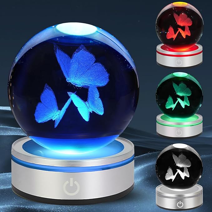 3D Butterfly Crystal Ball Night Light with LED Colorful Lighting Touch Base 3.15 In Butterfly Glass Sphere Lamp for Birthday Christmas Vivid Butterfly Figurine Home Decor Gift for Women Her Kids