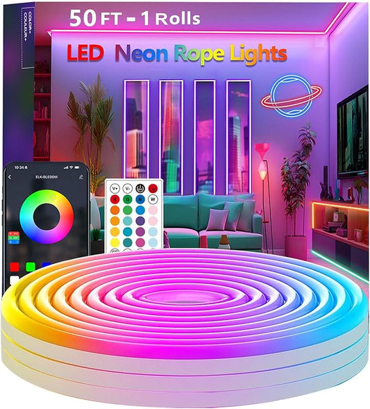 50FT Neon Rope Lights,Flexible Led Rope Light Control with App/Remote,Multiple Modes,Music Sync,IP65 Outdoor RGB Led Strip Lights Waterproof