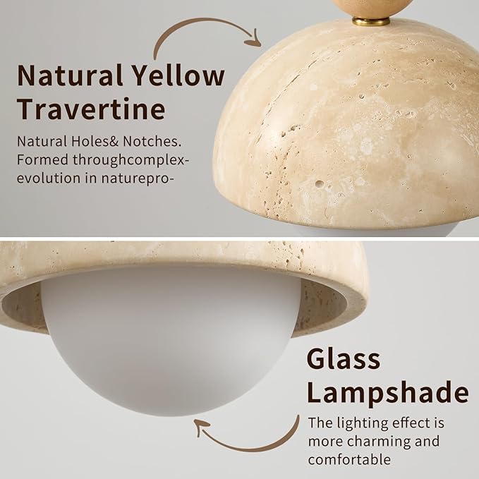 Wabi Sabi Travertine Pendant Light, 7.1 inch Natural Stone & Wood Hanging Lamp for Kitchen Island, Hallway, Bedroom, Dining Room Ceiling Decor (G9 Bulb, Stone Round, 1pcs)