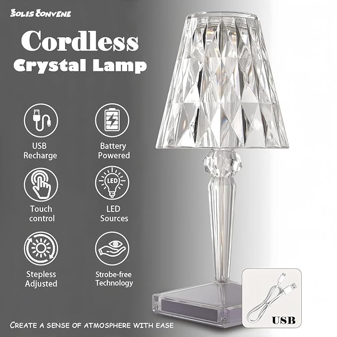 Crystal Cordless Lamp, Touch Dimmable 3 Color LED Rechargeable Romantic Small Lamp, Battery Operated Decor Night Light for Bedroom, Living Room, Party, Dinner, Bar