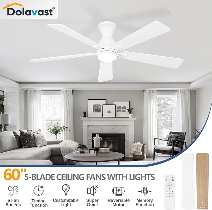 Ceiling Fans with Lights, 60 Inch Low Profile Ceiling Fan with Light and Remote Control, Flush Mount, Reversible, 3CCT, Dimmable LED, Quiet, White Ceiling Fan for Bedroom, Living Room