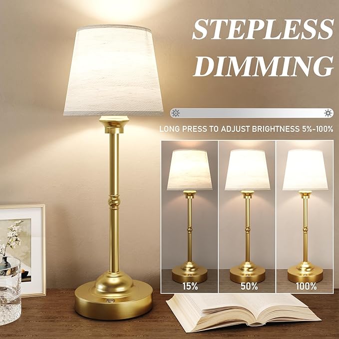2 Pack Cordless Table Lamps, 3 Colors Stepless Dimming Fabric Desk Lamp, 6000mAh Rechargeable Battery LED Desk Lamp, Touch Night Light for Bedroom, Dining, Desk, Cafe