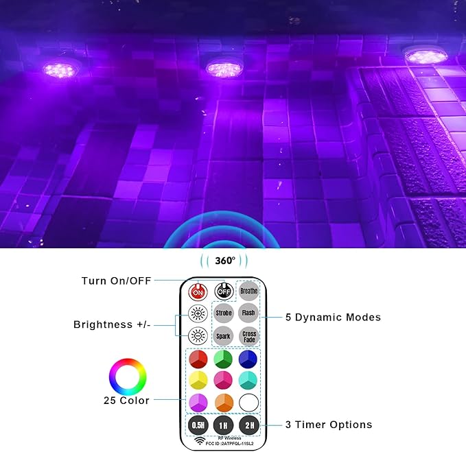 Pool Lights, Rechargeable Submersible LED Light with Strong Magnet Base, Suction Cups & Adhesive, RF Remote Aquarium Lights, Waterproof RGB Color Changing Underwater Lamp with Timing,1Pack