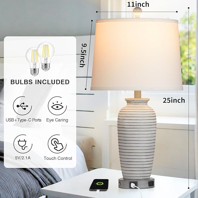 25" Farmhouse Jar Table Lamps Set of 2, 3 Way Touch Control Rustic Bedside Lamps with USB A+C Ports & AC Outlet, Pot Nightstand Lamps for Bedroom Living Room (LED Bulbs Included)