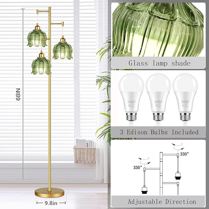 Vintage Floor Lamps for Living Room Bedroom-3 Light Glass Floor Lamp with Three Led Bulb, Modern Mid Century Standing Lamp Brass Tall Lamp Gold Tree Floor Lamp for Bedroom Corner