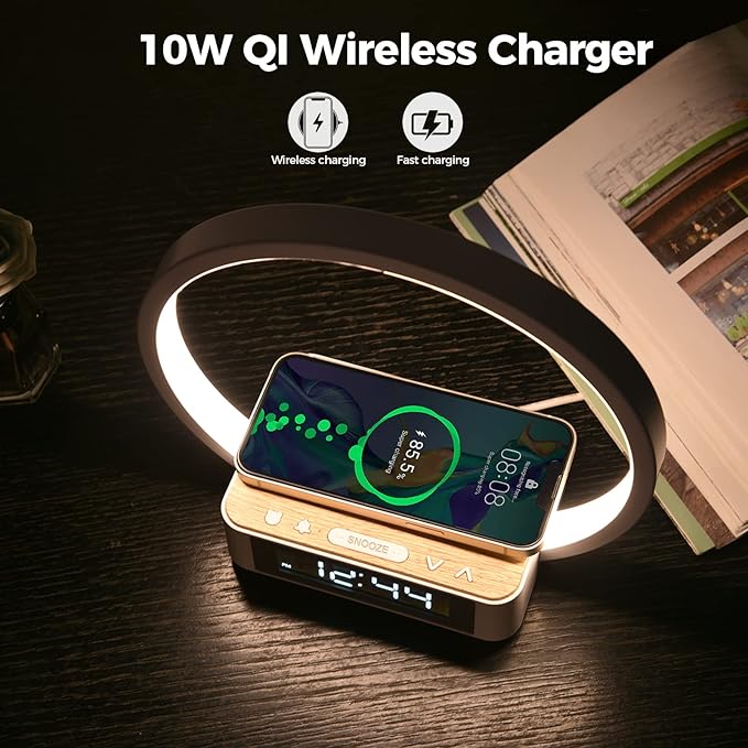 Desk Lamp with Alarm Clock Qi Wireless Charger, Touch Lamp for bedroom 3 Light Hues, Bedside Lamp 10W Max Wireless Charging Table Lamp LED Eye-Caring Reading Nightstand Light for Living Room