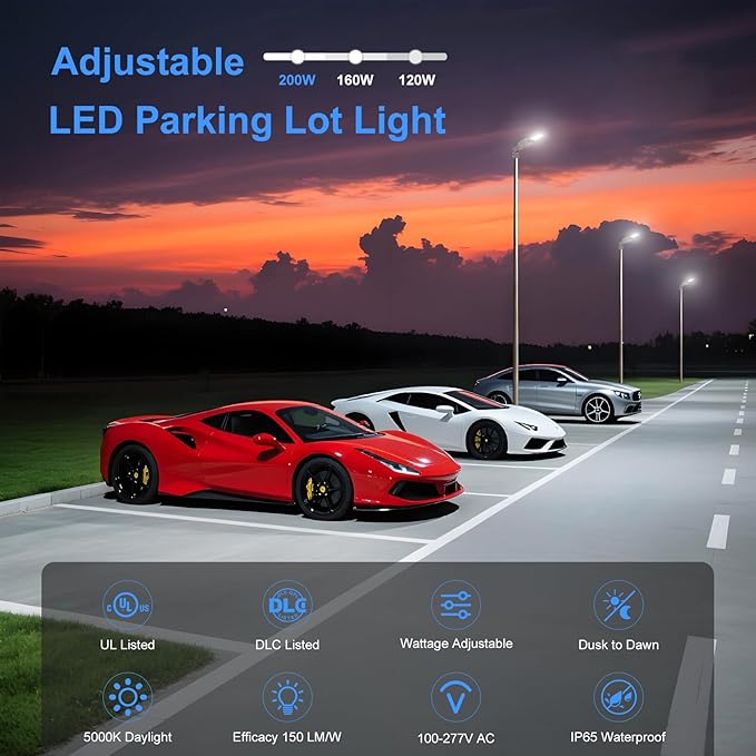 200W LED Parking Lot Light Power Adjustable, Dusk to Dawn LED Shoebox Flood Pole Light Outdoor Parking Lighting with Slip Fit 30,000LM 5000K IP65 Waterproof 100-277V DLC UL Listed