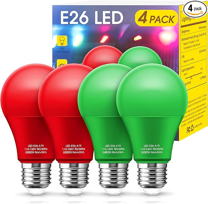 Red Light Bulbs Green Light Bulbs [4 Pack] - A19 LED Red and Green Bulbs 9W (60W Equivalent) - E26 Base Colored Light Bulb for Christmas Party Porch Decor