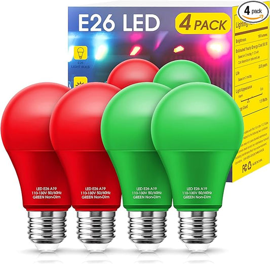 Red Light Bulbs Green Light Bulbs [4 Pack] - A19 LED Red and Green Bulbs 9W (60W Equivalent) - E26 Base Colored Light Bulb for Christmas Party Porch Decor