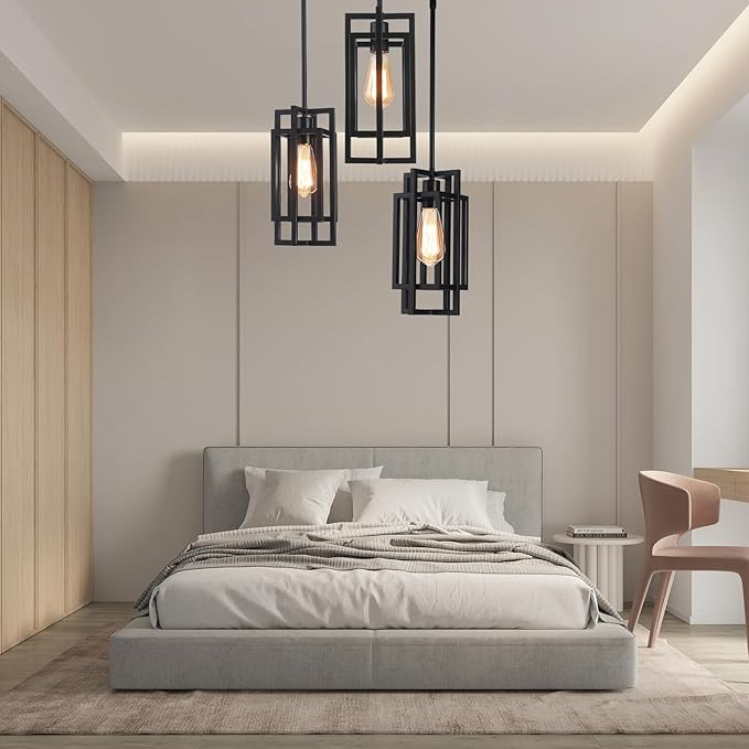 Black Pendant Lights Kitchen Island, Adjustable Modern Pendant Lights Fixture Farmhouse Mini Kitchen Pendant Lighting, Square Pendant Ceiling Hanging for Bedroom Dining Room Entryway Foyer