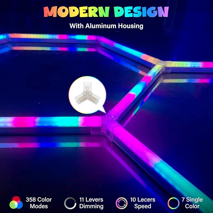 ALLYES Hexagon RGB LED Lights - Color Changing Wall/Ceiling Lights with Music Sync Dimmable & Speed Adjustable Modes, App & Remote Control, Multi-Scene Decor for Gaming Room, Bar, Party, Gym, Garage