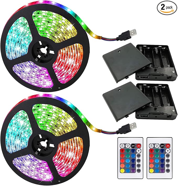 Two Sets Battery Powered Led Strip Lights, 5050 2M/6.6FT, Flexible Color Changing RGB LED Light Strip, 60 LEDs 5V Battery-Powered with Controller. (2)