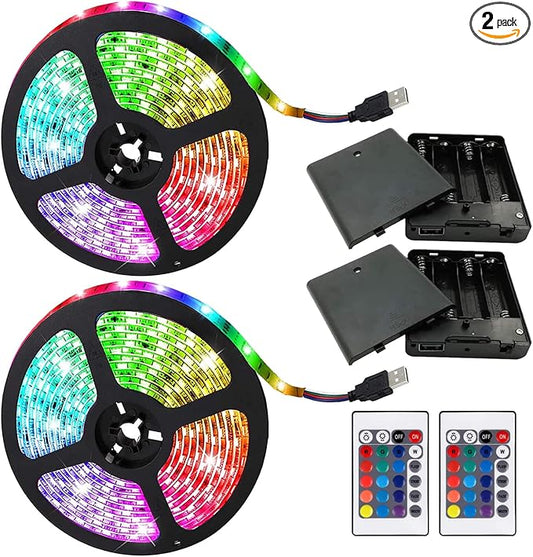 Two Sets Battery Powered Led Strip Lights, 5050 2M/6.6FT, Flexible Color Changing RGB LED Light Strip, 60 LEDs 5V Battery-Powered with Controller. (2)