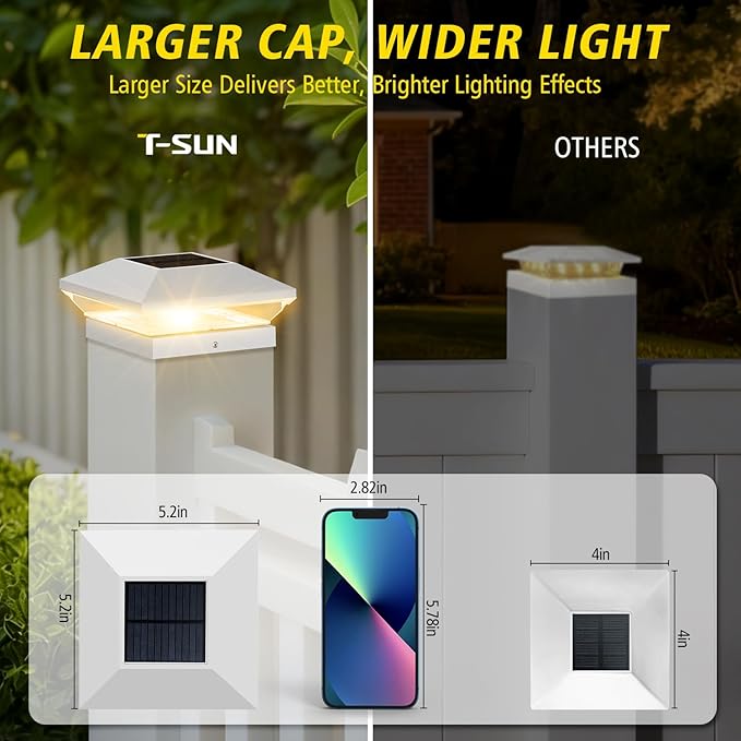 T-SUN Solar Post Cap Lights Outdoor 12 Pack, 2 Modes LED Fence Post Solar Lights Fit for 4x4 5x5 6x6 Vinyl/Wooden Posts, Waterproof Deck Post Lights Solar Powered for Garden Patio Gate Porch