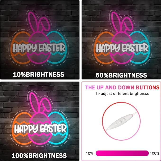 Happy Easter Neon Sign for Wall Decor Three Easter Egg Led Sign Bunny Neon Light Up Sign for Neon Wall Art Party Home Room Decor Gift for Kids