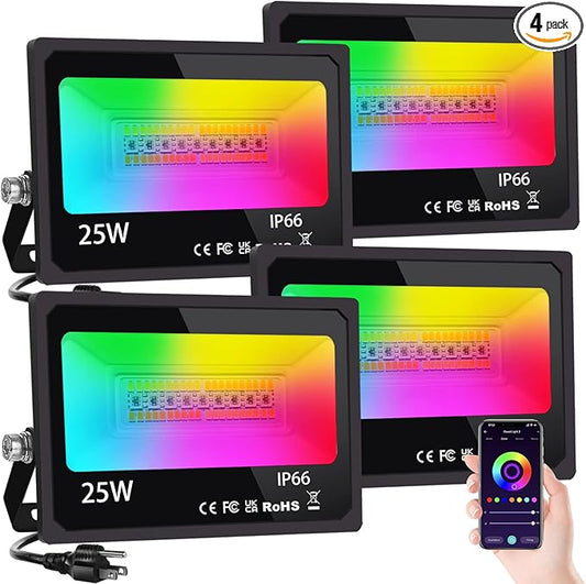 LED Flood Light Outdoor 25W, 250W Equivalent 2500LM, RGB Color Changing FloodLights by App Control, DIY Scenes - Timing - Dimmable Bright White Light 2700K-6500K, Uplights for Events, US-3 Plug