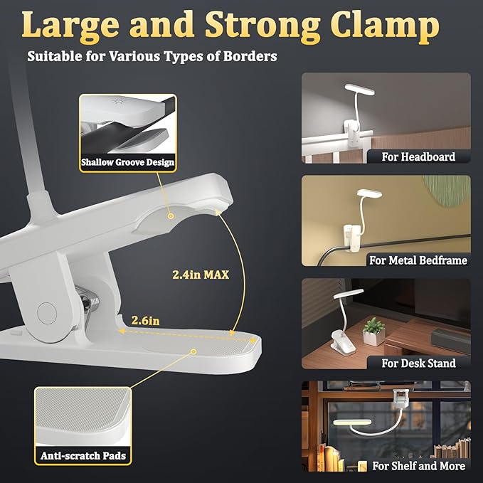 Desk Lamp Battery Operated, Clip on USB Rechargeable Reading Light for Headboard with Large Clamp, 25 Models Adjustable Cordless Touch Light for Bed Frame Bunk Dorm Table Bedside (White)