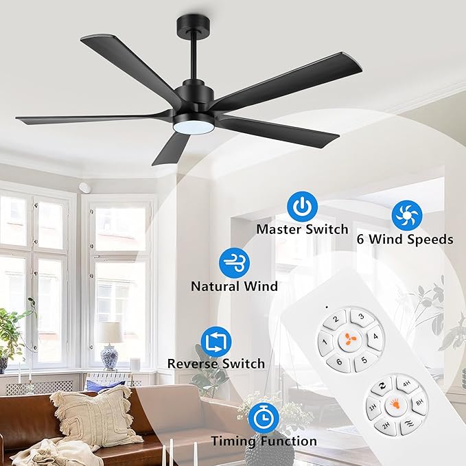 ELEHINSER 60" Modern Ceiling Fan with Lights and Remote Control, 5 Solid Wood Blades 6-Speed Noiseless Reversible DC Motor, Ceiling Fan for Bedroom Dinning Living Room, Black