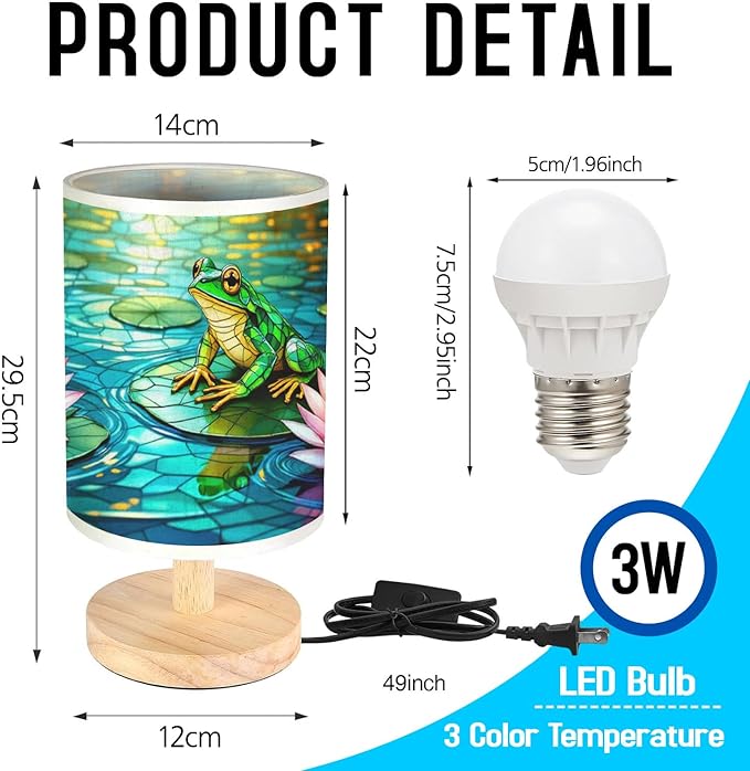 Frog Table Lamp LED 3-Color Pressed Bedside, Frog Shade Lamp with Wood Base for Bedroom Living Room Desk Office TL01