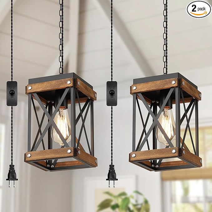 2 Pack Rustic Farmhouse Plug in Pendant Light Fixture with Adjustable Chain, Oak Wood and Metal Lantern Cage Mini Hanging Lamp for Kitchen Island Living Room Hallway Farmhouse Bar, Black