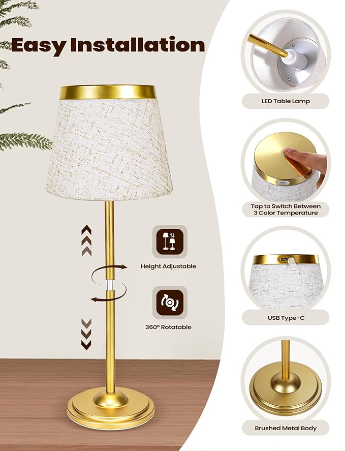 2 Pack Gold Cordless Table Lamps Rechargeable,Battery Operated Table Touch Portable LED Battery Powered Table lights 5000mAh Three-Color Stepless Rust-Resistant Dimming for Reading Bedroom Desk Dining