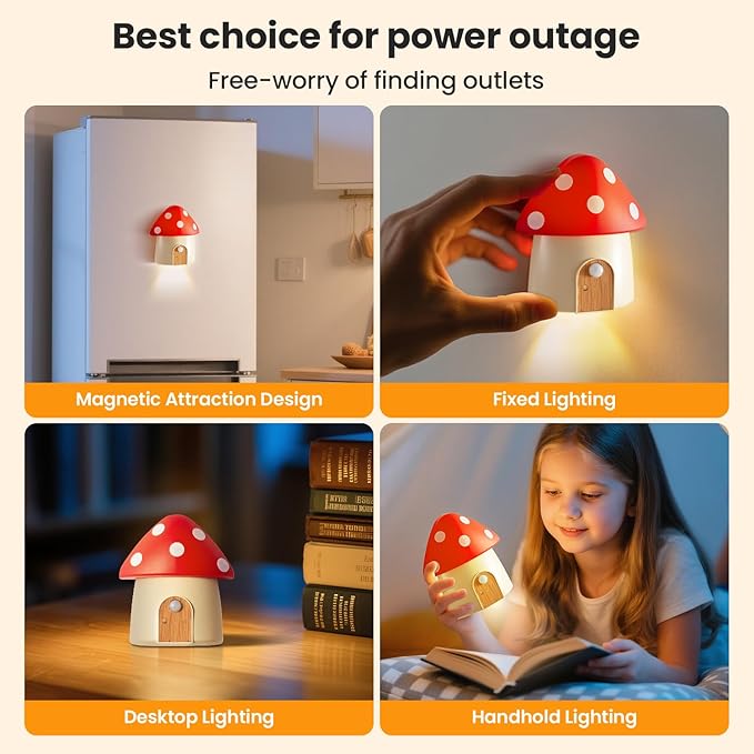Rechargeable Mushroom Lamp, Motion Sensor Nightlights with 3 Colors and Dimmable, Magnetic for Kitchen, Bathroom, Hallway, Stairs, Bedroom, Kids Gift, Home Decor, Red