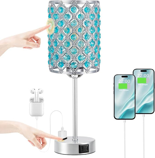 Hong-in Blue Lamps for Night Stands-Crystal Table Lamp with USB-C+A & AC Charging Ports, 3-Way Dimmable Nightstand Touch Lamp, Bedside Desk lamp for Bedroom Living Room Home Office