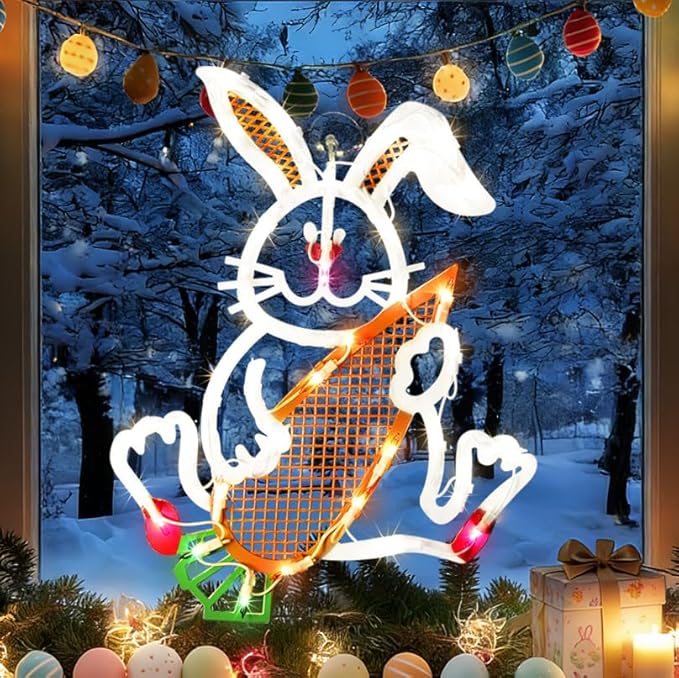 17" 35LED Lighted Bunny with Carrot Easter Decor - UL Certified, Cute Warm Glow, Window & Hanging Ornament, Indoor Holiday Decor,Beautiful Gift for Easter