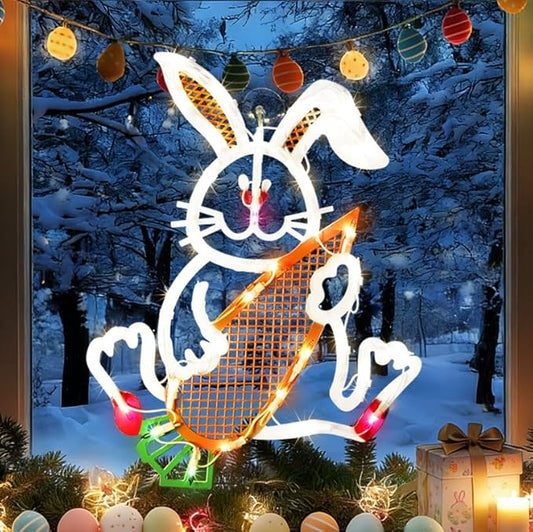 17" 35LED Lighted Bunny with Carrot Easter Decor - UL Certified, Cute Warm Glow, Window & Hanging Ornament, Indoor Holiday Decor,Beautiful Gift for Easter