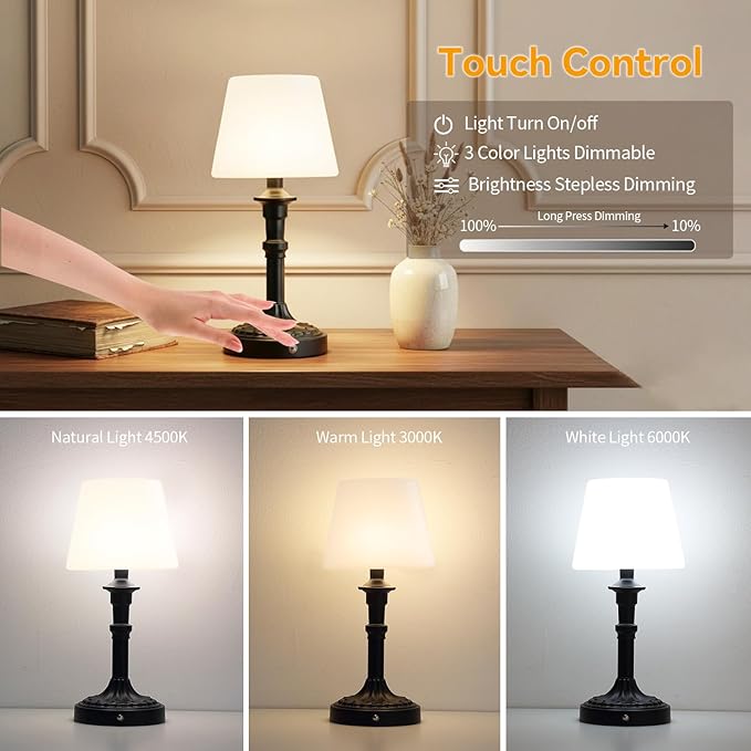 Cordless Table Lamp,Portable LED Desk Lamps,5200mAh Battery Operated, 3 Color Stepless Dimming Up,for Restaurant, Bedroom, Outdoor Camping, Coffee Shop, Night Light (Black)