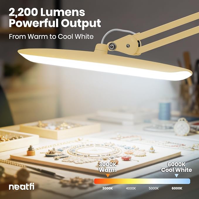 Neatfi XL 2200 Lumens 20W LED Desk Lamp with Clamp - Adjustable Color Temperature | 4-Level Dimmable Light | Home Office, Crafts & Workbench | 20-Inch Wide Head (CCT, Gold)