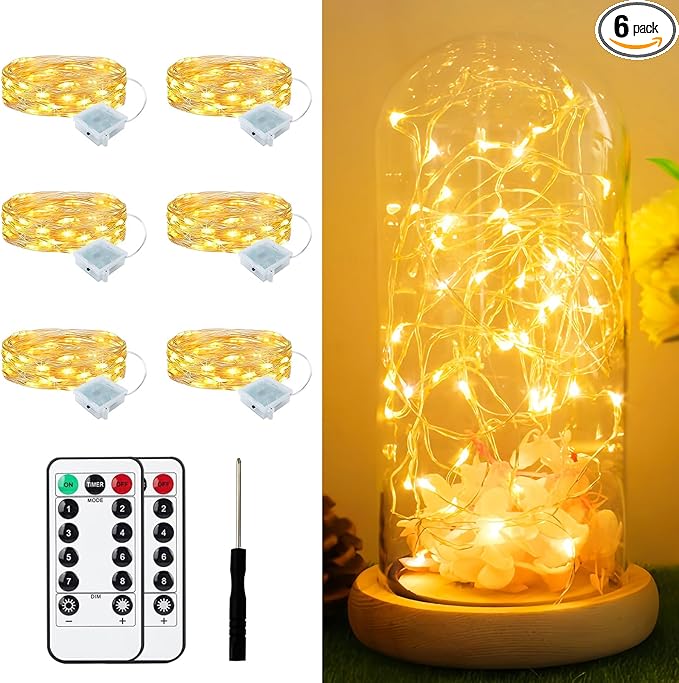 6 Pack Fairy Lights Battery Operated with Remote 7ft 20 LED Mini String Twinkle Lights Waterproof 8 Modes Firefly Starry Moon Lights for Mason Jars DIY Christmas Wedding Party Bedroom Decoration