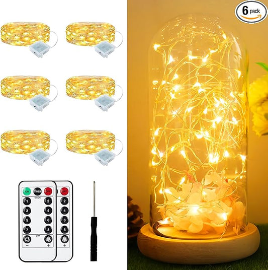 6 Pack Fairy Lights Battery Operated with Remote 7ft 20 LED Mini String Twinkle Lights Waterproof 8 Modes Firefly Starry Moon Lights for Mason Jars DIY Christmas Wedding Party Bedroom Decoration