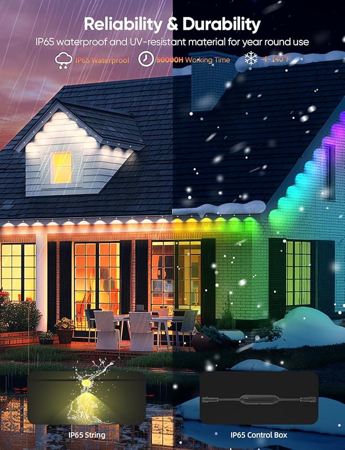 APPECK Permanent Outdoor Lights 50ft with 36 RGBW LEDs, DIY Scene Modes, LED Eaves Lights Waterproof with App Control, for Daily Holiday House Decorations, Voice/Remote Control, Black