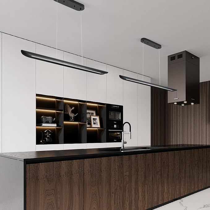 39" Modern Led Linear Pendant Light Dimmable Ceiling Hanging Lights Wood Linear Chandeliers Office Lighting for Dining Room Kitchen Island Pool Table Light Living Room Bar Pendant Light Black 24W