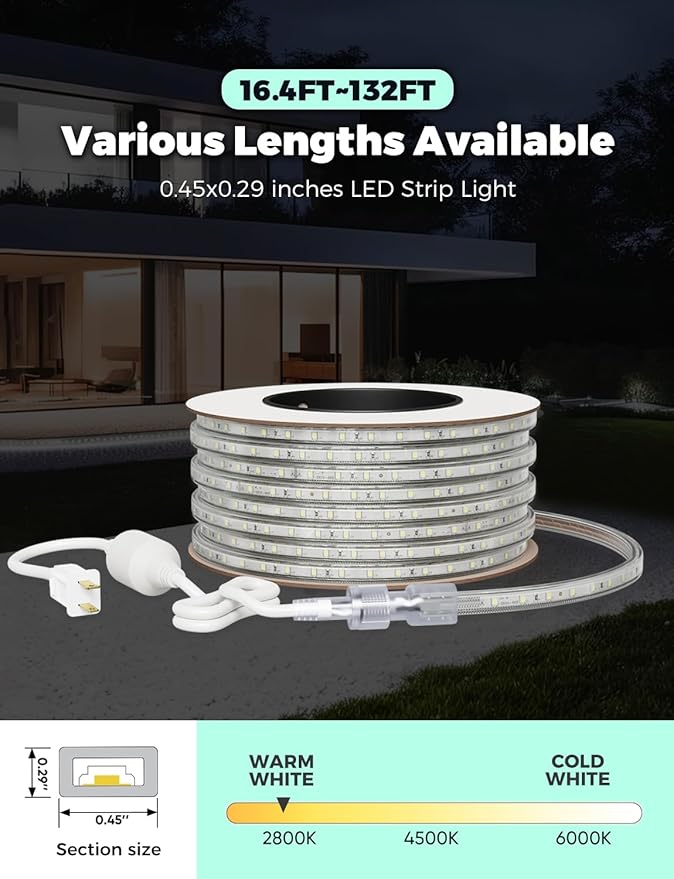GZBtech AC 110-120V LED Strip Lighting 50FT/15M, 2800K Warm White IP65 Waterproof Outdoor Strip Lights, 60LEDs/M SMD2835 Cuttable & Connectable LED Rope Light for Indoor Outside Exterior, ETL Listed