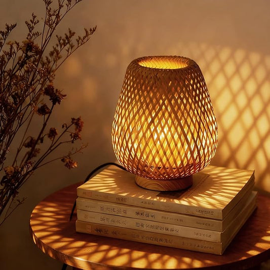 Table Lamp with Double Layer Woven Shade Wood Base,Desk Bedside Small Lamps with 6ft Power Cord, 110V Plug, Dimmable E26 Socket (Bulb Included) for Living Room Night Stands Bedroom