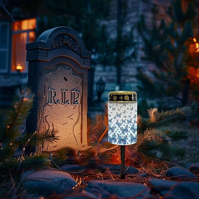Cemetery Solar Lights Waterproof Solar Powered Grave Lights Blue Butterfly Landscape LED Flameless Candle Grave Decor Memorial Gift Garden Decor