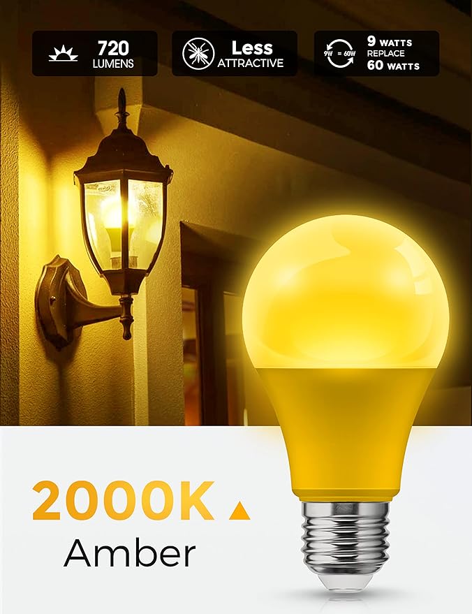 L LOHAS LED Yellow Bug Light Bulbs Outdoor, A19 9W Bug Lights for Outside, 60W Equivalent, 2000K Amber Porch Light Bulb, Non-Attracting, E26 Base, Not-Dimmable, Ideal for Patio, Deck, Backyard, 4 Pack