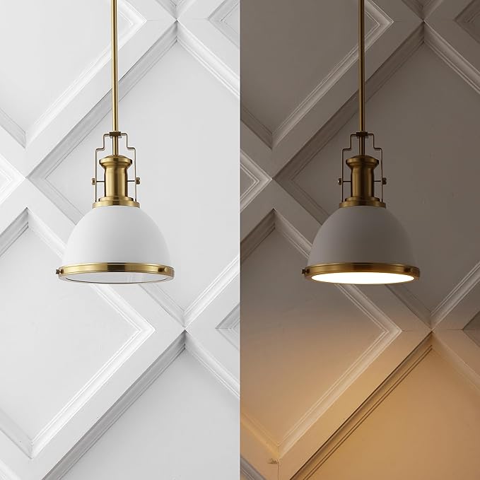 JONATHAN Y 10" Brass Gold/White Modern Industrial Iron LED Dome Pendant Light, Adjustable Hanging Fixture for Kitchen Island or Entryway, Black Metal Shade, LED Bulb Included (JYL9535D)