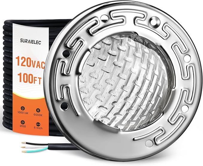 SURAIELEC 6 Inch Small LED Spa Light for Inground Pool, 120V AC 10W Underwater Pool Light, Cool White 6000K, Fits Pentair and Hayward Wet Niches, IP68 Waterproof, 100 FT Cord