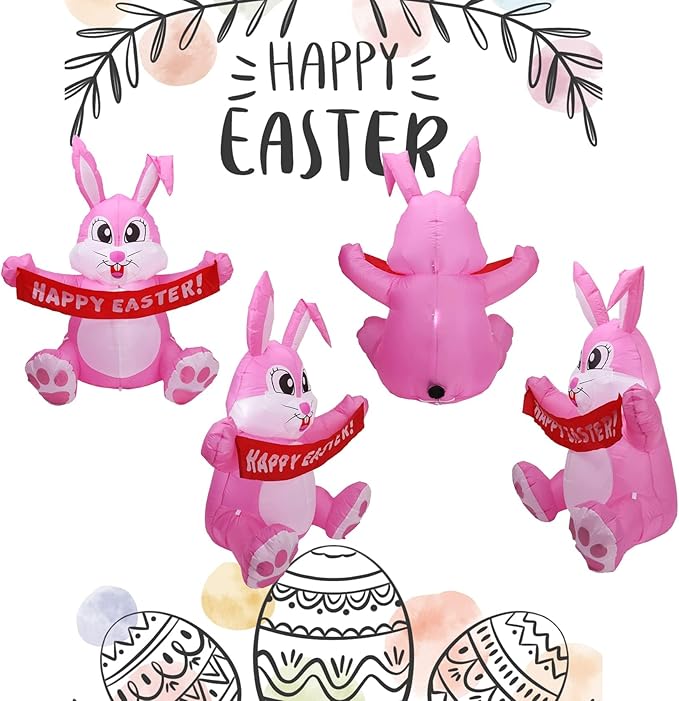 Dearsun 5FT H Adorable Easter Inflatable Bunny Holding a Banner, Easter Bunny Blow up Yard Decorations Giant Pink Bunny with LED Lights for Holiday Party Indoor Outdoor Décor