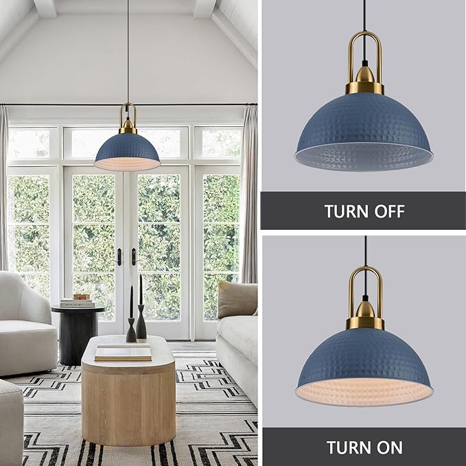 Blue Pendant Lights Kitchen Island Industrial Adjustable Height Vintage Dome Hanging Light Fixtures for Barn, Dining Room 2 Packs