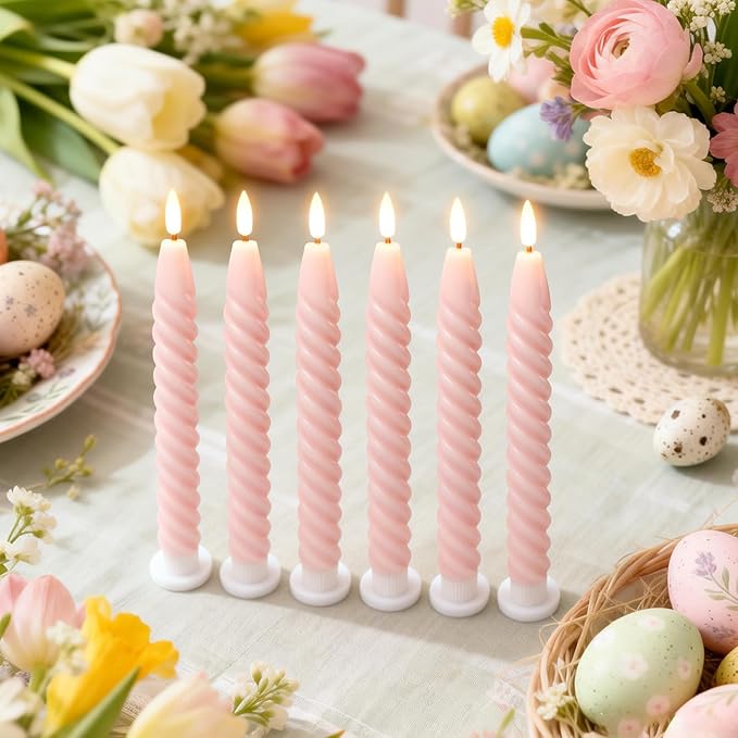 Pink Easter Flameless Taper Candles Pastel Flickering with Remote Timer, 3D Wick LED Spiral Wedding Candles Battery Operated 6 Pack Real Wax Home Birthday Spring Easter Decorations