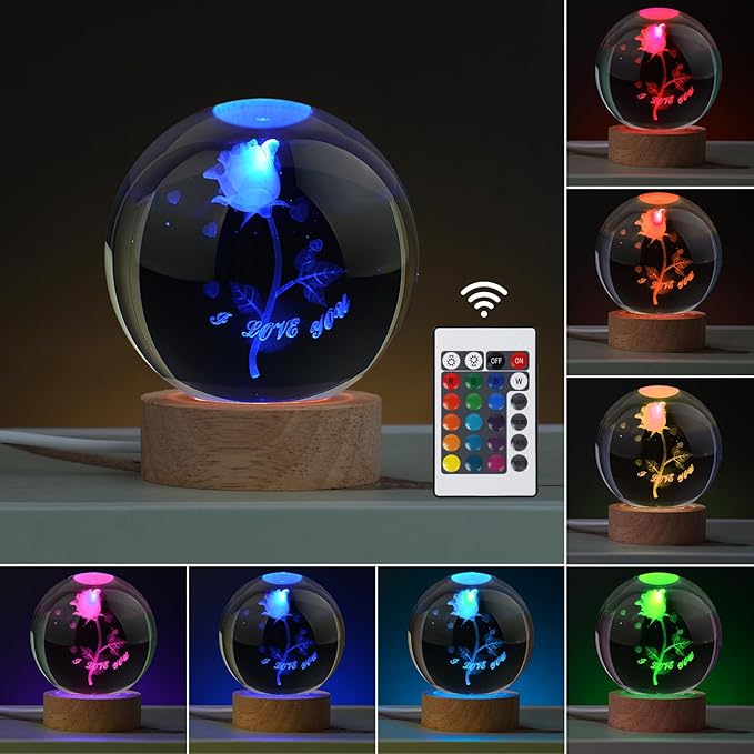 Rose Lamp Cute Gifts for Women, Large 3D Rose Night Light, Crystal Light up Rose Lamp 16 Color Changing with Remote Control for Bedroom Decor, I Love You Rose Glass